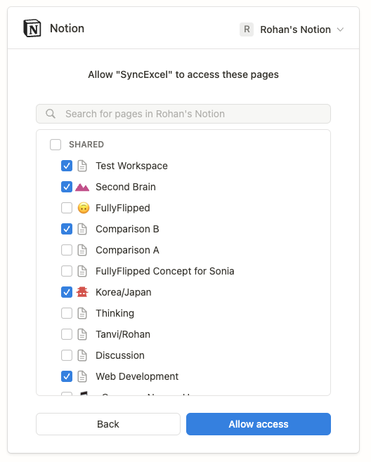 The Notion workspace page selection menu